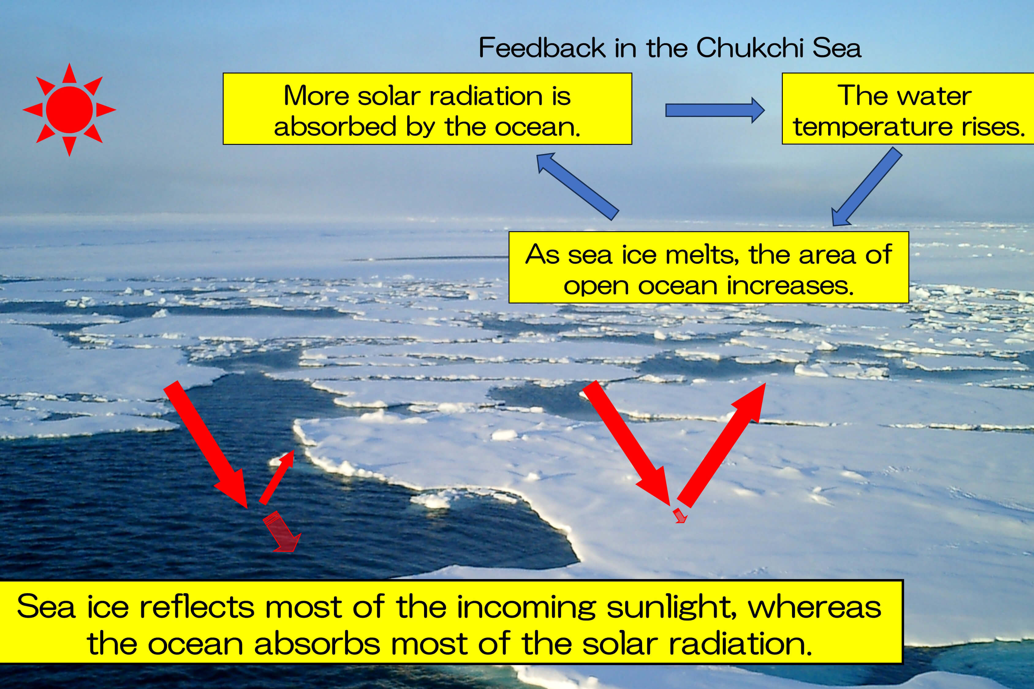 Ocean heat transport on the Pacific side of the Arctic Ocean has increased 1.5 times over the past 20 years ~ Increased warm water inflow would play a key role in the sea ice decline ~