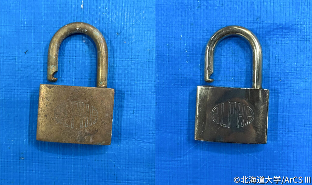 研磨前(左)と研磨後(右)の南京錠